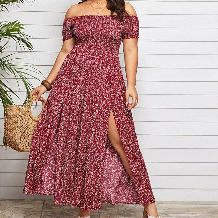 Sommerkjole Kvinder Slash Neck Blomsterprint Off Shoulder Dress Plus Size High Split Sexede Bohemian Beach Kjoler