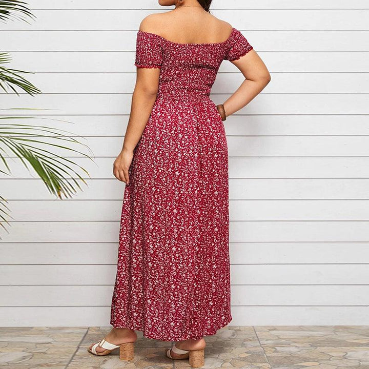 Sommerkjole Kvinder Slash Neck Blomsterprint Off Shoulder Dress Plus Size High Split Sexede Bohemian Beach Kjoler