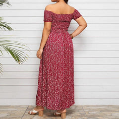 Summer Dress Women Slash Neck Floral Print Off Shoulder Dress Plus Size High Split Sexy Bohemian Beach Dresses