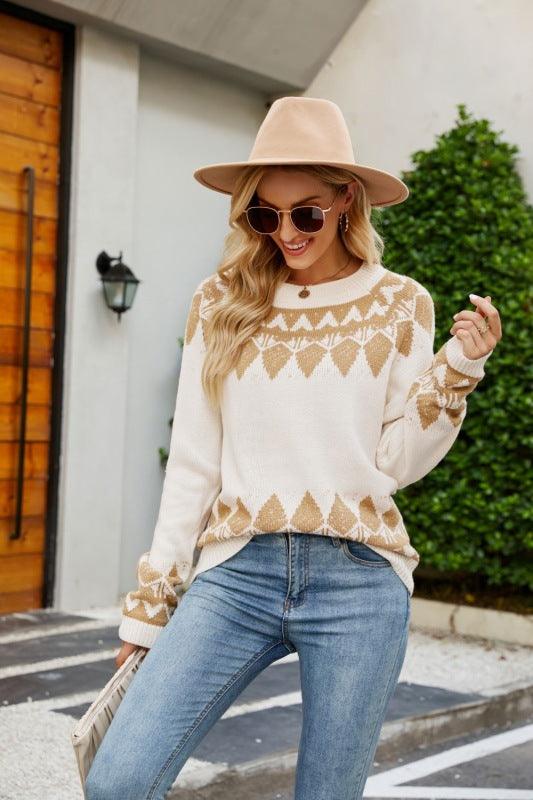 Women's Vintage Jacquard Sweater Women's Round Neck Long Sleeve Pullover Sweater