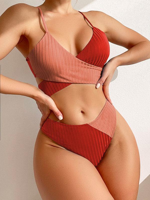 Kvinders Color Block Cross Front High Waist Bikini Sæt