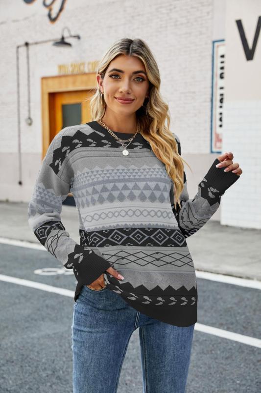 New retro pattern diamond jacquard multi-color patchwork sweater loose round neck pullover sweater