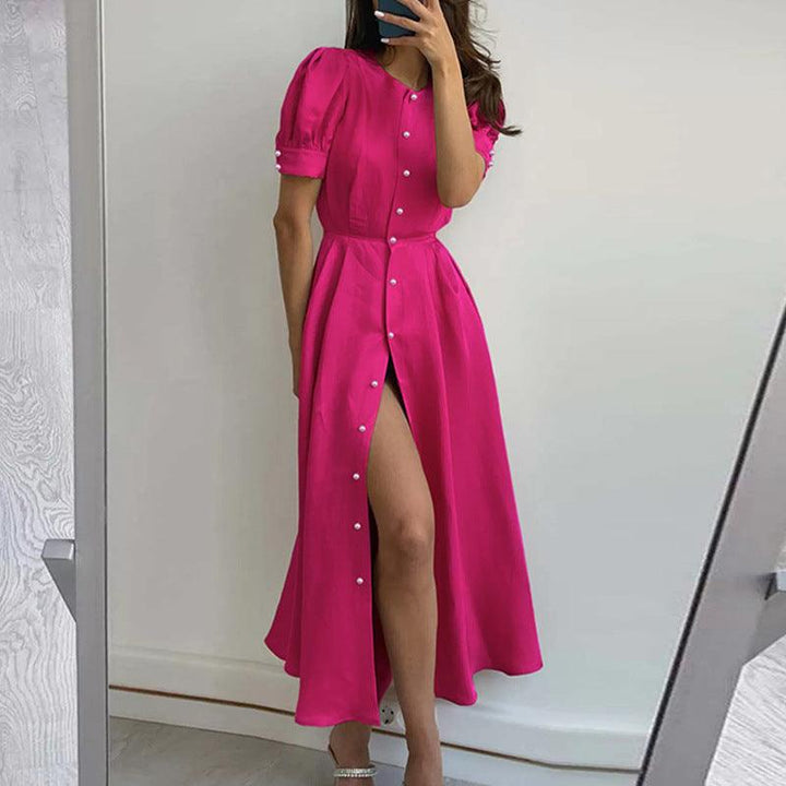 Robe mi-longue fendue Sexy pour femmes, couleur unie, simple boutonnage, fente