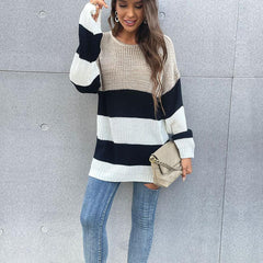women's mid-length striped round neck knitted sweater