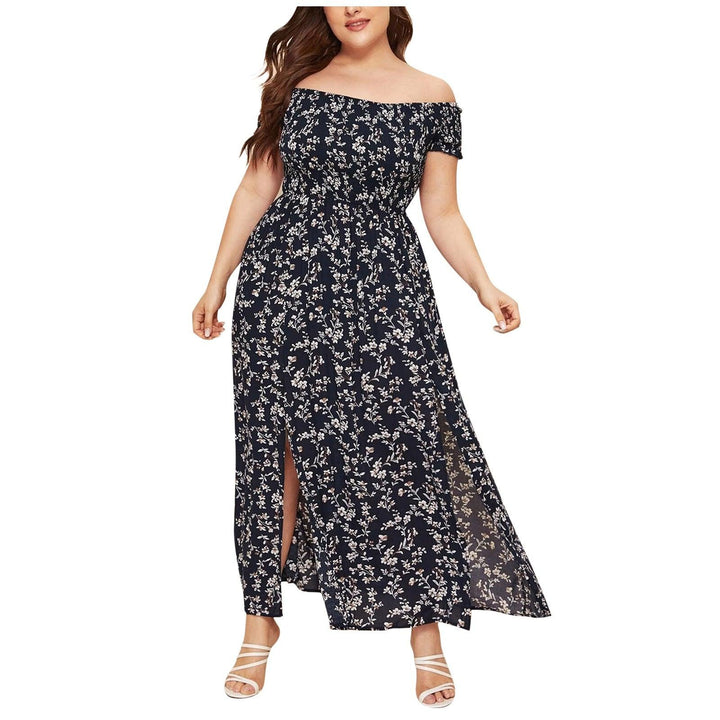 Sommerkjole Kvinder Slash Neck Blomsterprint Off Shoulder Dress Plus Size High Split Sexede Bohemian Beach Kjoler