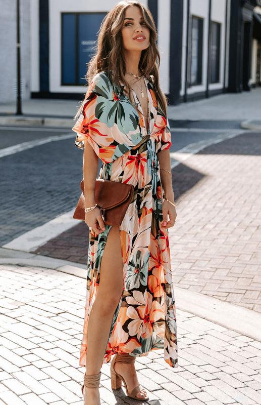 Dame Orange Split Floral Kimono Lang Kjole