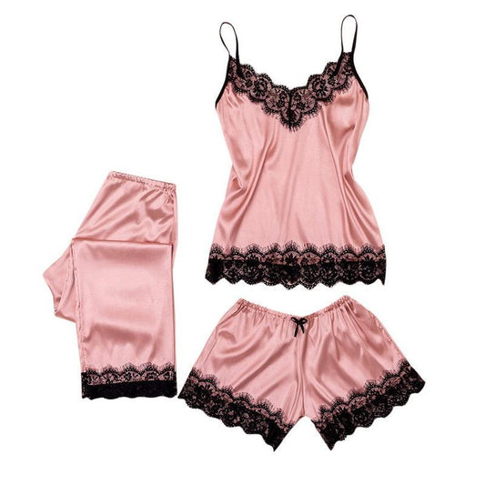 3PC Women Lace Satin Sleepwear Lingerie