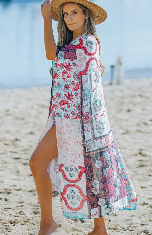 Women's Bohemian Floral Print Open Front Kimono