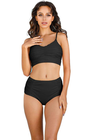 Sexy Stretch Gathered Without Underwire Adjustment Shoulder Strap Top & High Waist Bikini Set