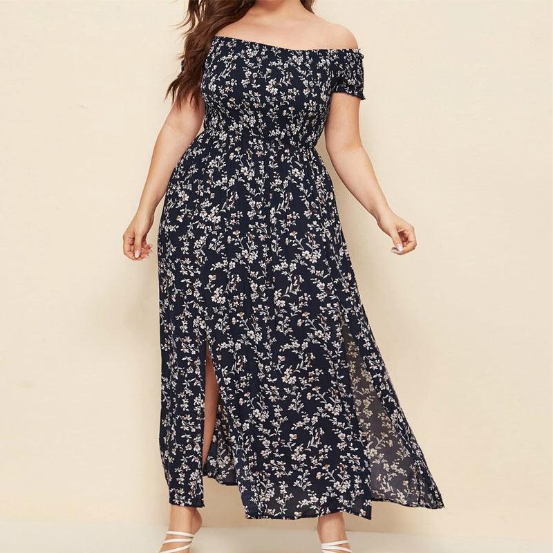 Sommerkjole Kvinder Slash Neck Blomsterprint Off Shoulder Dress Plus Size High Split Sexede Bohemian Beach Kjoler