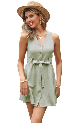 Women's Solid Color Sleeveless Slim Fit V-Neck Cotton Linen Dress