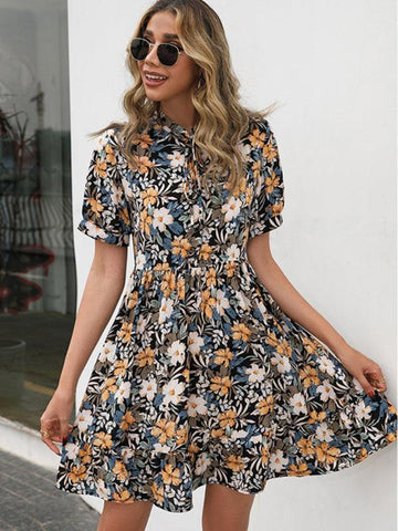 Stand Collar Ruffle Small Floral Short Sleeve Midi Dress