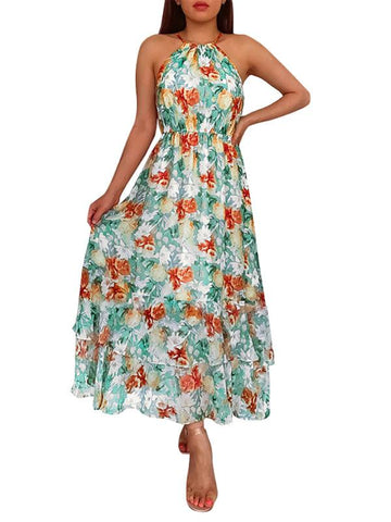 Women's long skirt neck print sleeveless dress