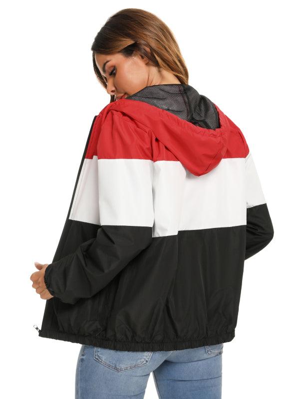Ladies Casual Fashion Colorblock Raincoat Hooded Jacket