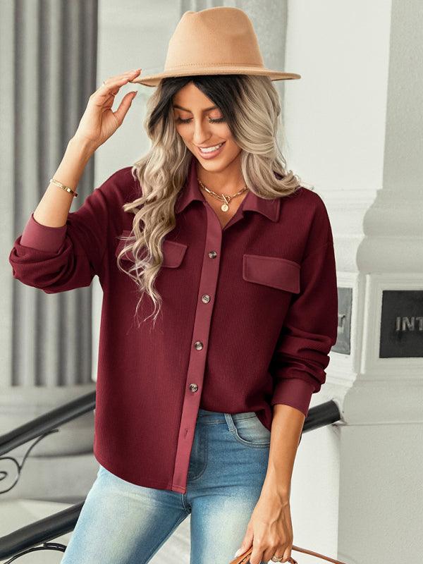 Women's fashion fake pocket knitted shirt top