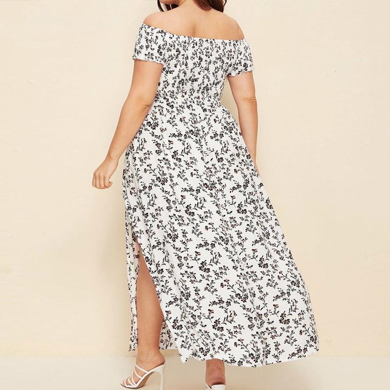 Sommerkjole Kvinder Slash Neck Blomsterprint Off Shoulder Dress Plus Size High Split Sexede Bohemian Beach Kjoler