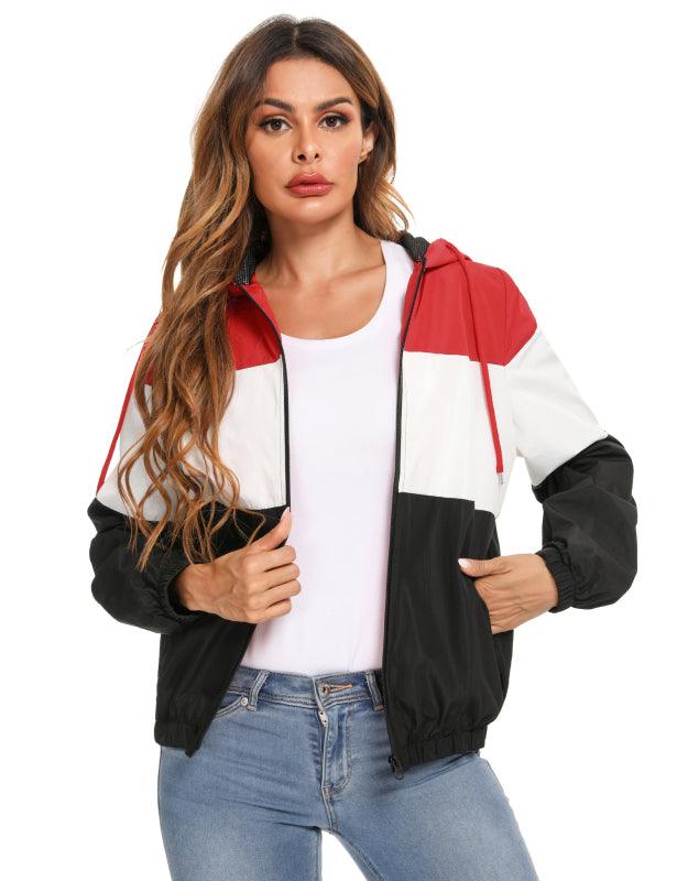 Ladies Casual Fashion Colorblock Raincoat Hooded Jacket