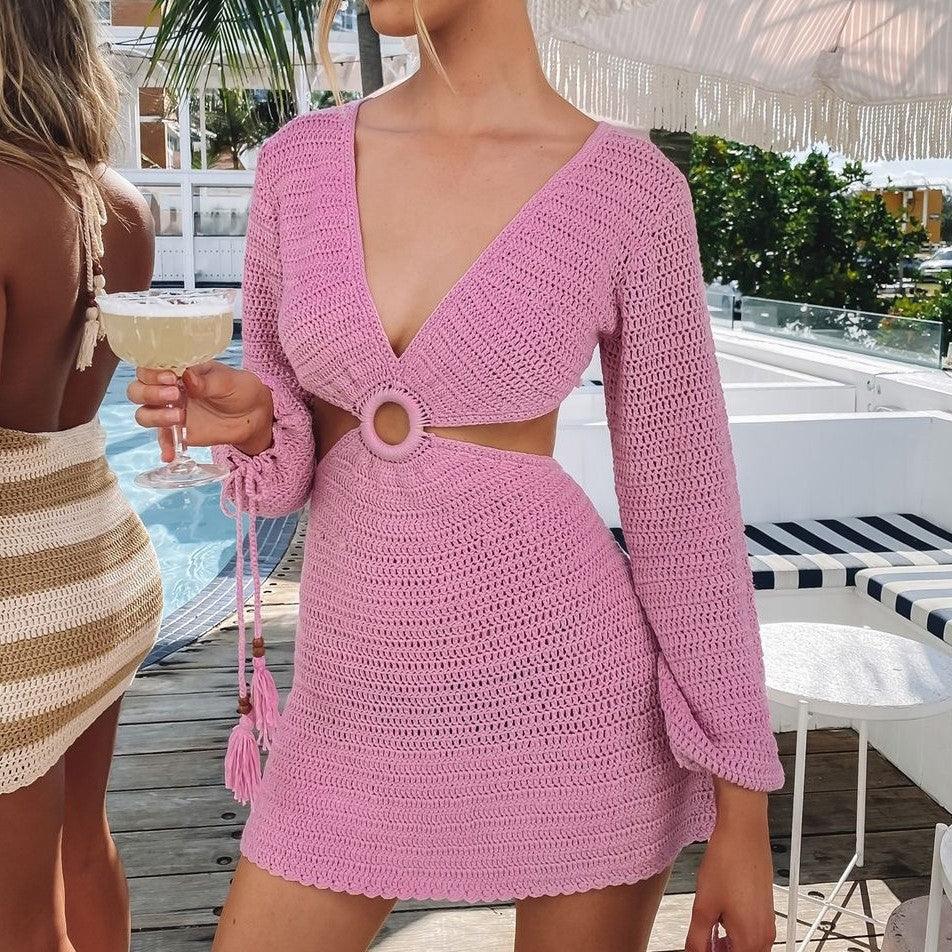 Hollow Out Dress Summer Stripe Long Sleeve Backless V Neck Sexy Beach Party Mini Dresses Casual Dresses For Women Vestidos