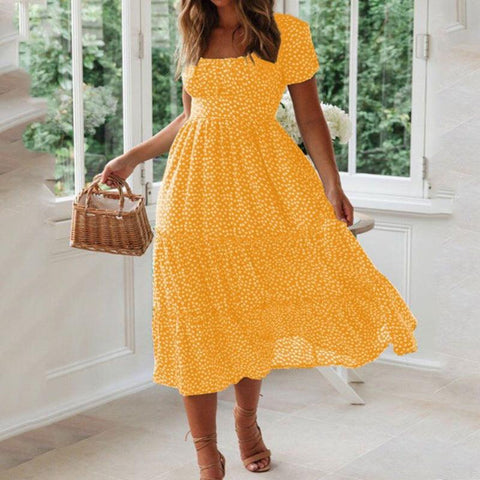 Vintage Print Puff Sleeve summer Beach sweet dresses Casual Square collar floral long dress