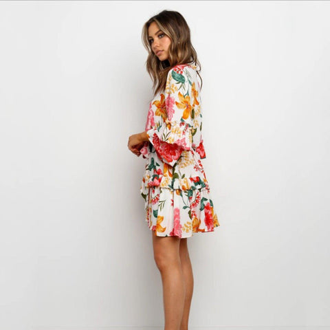 Flower Print Dress  3/4 Sleeve Casual Sundress