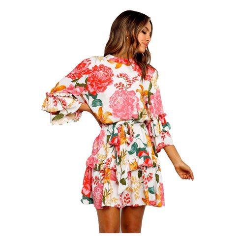 Flower Print Dress  3/4 Sleeve Casual Sundress