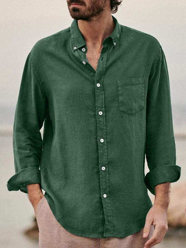 Men’s Fashionable Linen Collared Button Down Long Sleeve Shirt With Front Chest Pocket