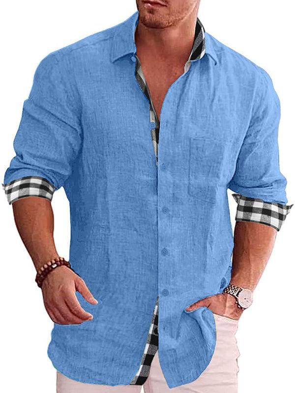 Men's Plaid Trim Long Sleeve Button Up Shirt