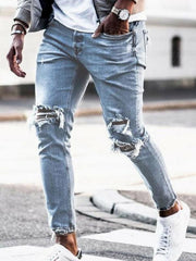 Men's solid casual ripped pencil jeans