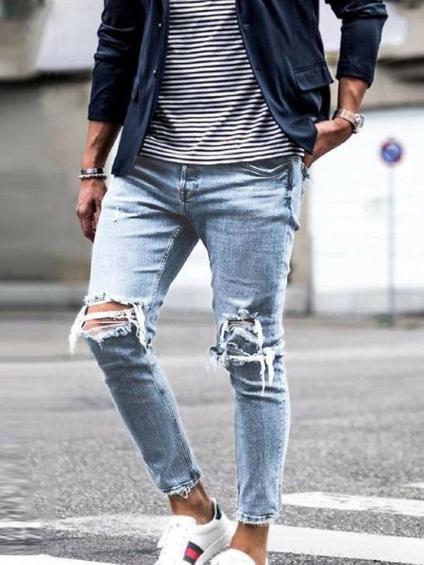 Men's solid casual ripped pencil jeans