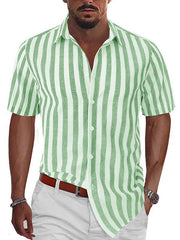 Men's Stripe Short Sleeve Linen & Cotton Button-up Shirt
