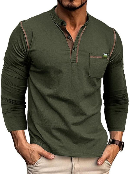 New Men's Henley Color Block Knitted Long Sleeve T-Shirt