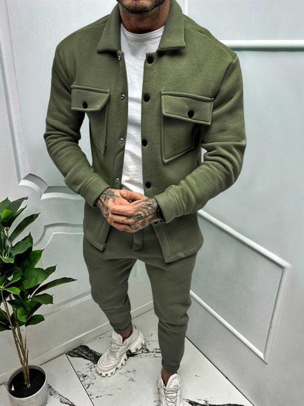 Men's new long-sleeved trousers single-breasted jacket solid color slim two-piece set