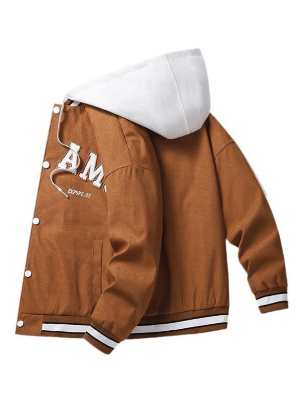 Men's embroidered letter fake two piece hooded jacket