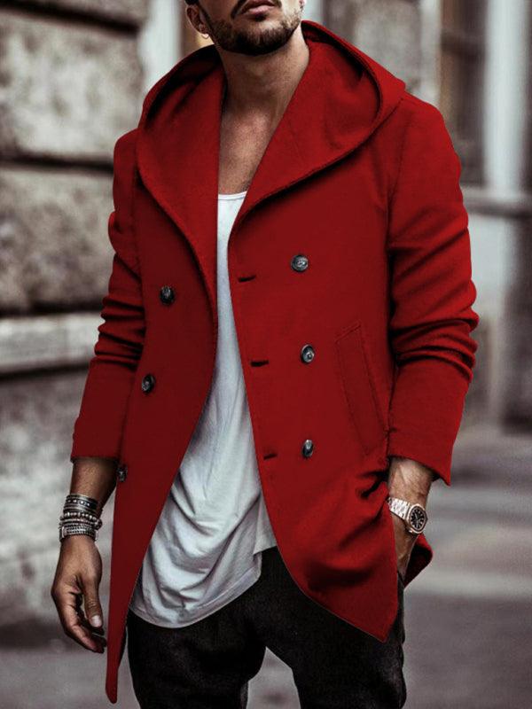 Men's mid-length lapel hooded double-breasted casual trench coat