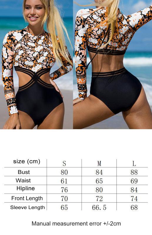 Women's Long Sleeve Printed Cutout One Piece Swimsuit