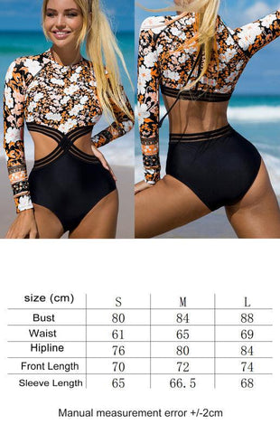 Women's Long Sleeve Printed Cutout One Piece Swimsuit