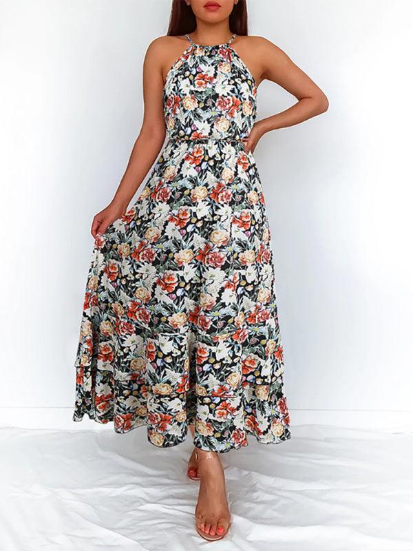 Women's long skirt neck print sleeveless dress