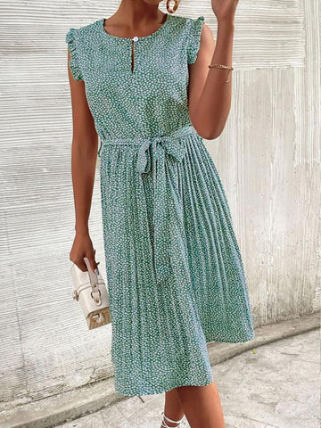 Casual Dress Lace-Up Pleated Green Floral Dress