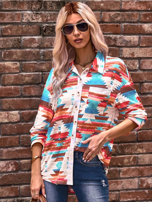 Women's fashion casual printed knitted shirt top