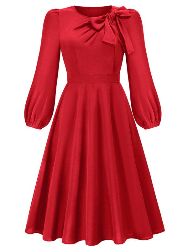 Women's round neck bow A-line mid-length dresses