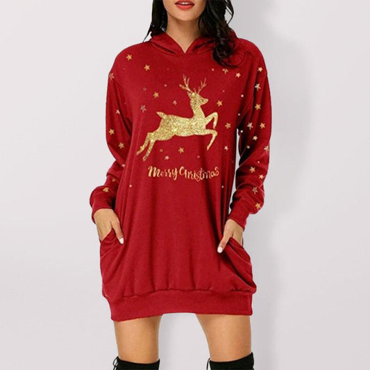 Christmas Print Medium Long Pocket Hooded Long Sleeve Sweatshirt Women