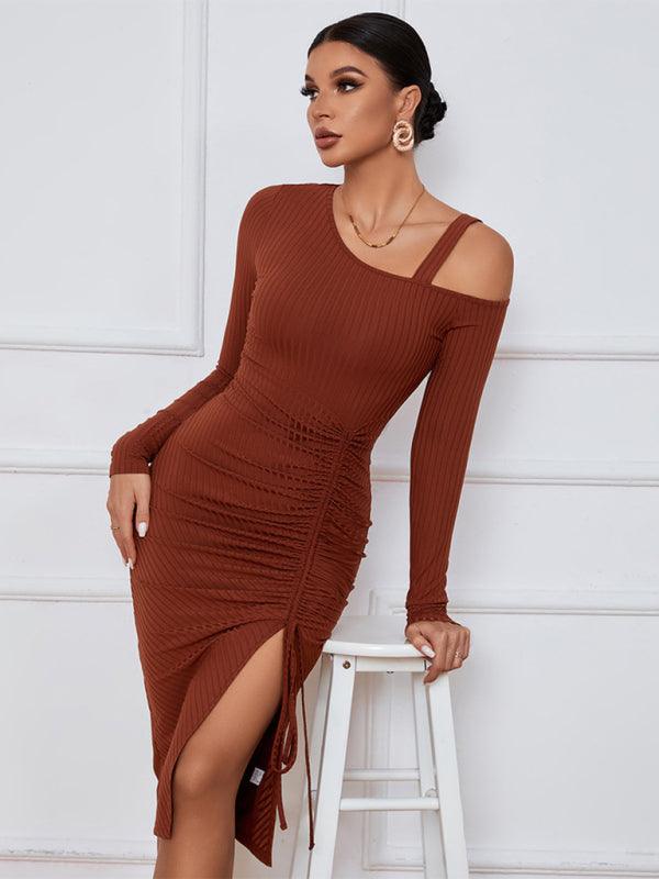 Women’s Long Sleeve Off The Shoulder Neckline Dress With Extra Strap And Front Thigh Leg Slit