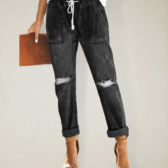 Women’s Cinched Waist Denim Cargos With Cuffed Ankle And Ripped Knee