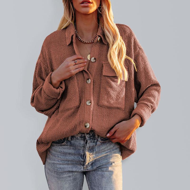 Women’s Solid Color Button-down Collar Oversized Corduroy Shirt