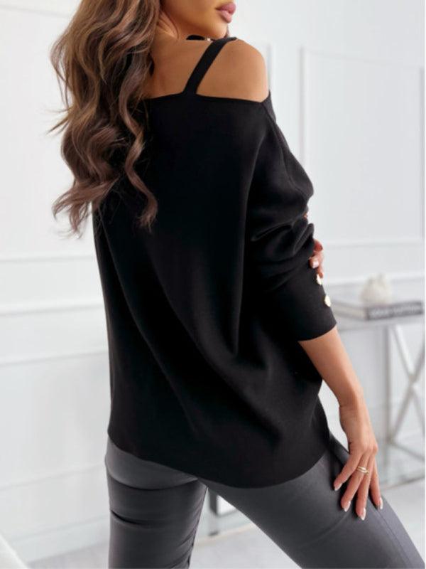 Chic  Asymmetric Neckline Embellished Long Sleeves Knit Top