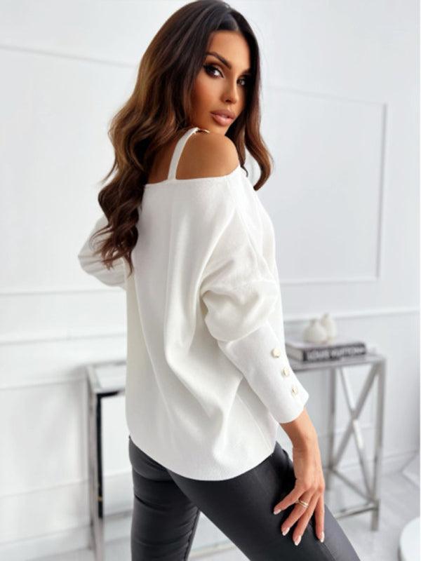 Chic  Asymmetric Neckline Embellished Long Sleeves Knit Top