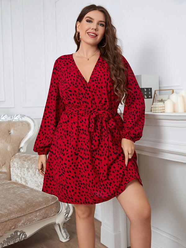 Women’s Plus Size Long Sleeve Faux Animal Print Wrap Sequin Dress
