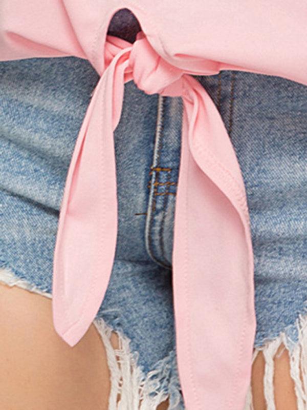 Women’s Solid Color Plus Size Cut Out Shoulder Sequined Strap Front Waist Tie Top