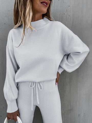 Women's Solid Color Relaxed Fit Long Sleeve Turtleneck Sweatshirt Pants Set