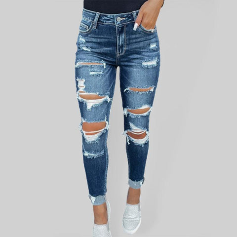 Women's Rip Distressed Lined With Plaid Print Curvy Fit Skinny Jeans